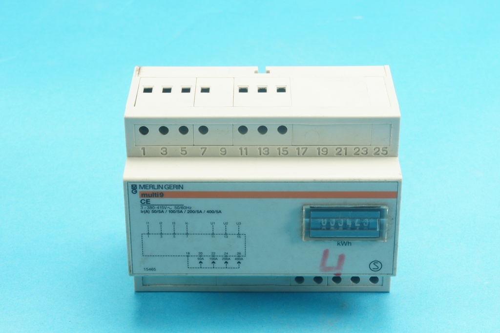 Merlin Gerin Multi 9 CE 15465 3 phase energymeter, 6 modules, 3 x 380-415 VAC 50/60 Hz, Ir (A): 50/5A 100/5A 200/5A 400/5A