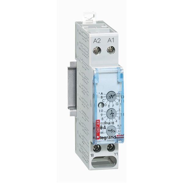 Tijdrelais - uitgang  8 A - 250 V - 1 module van 17,5 mm - multifunctie - ingestelde tijdsduur van 0,1 sec. tot 100 uur