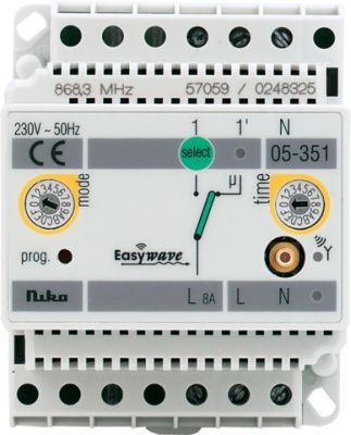 Niko 05-351 1 kanaal RF ontvanger, DIN modulair, 1 wisselcontact, 230 VAC 50 Hz 868 MHz