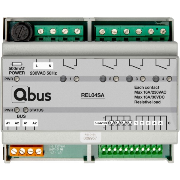 Relaismodule (4x 16A potentiaalvrij) met manuele bediening, 5 ingangen (LED)