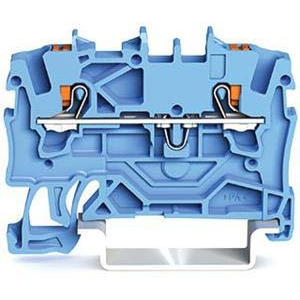 [2201-1204] TOPJOB® S
							2-draads rijgklem; Met drukknop; 1,5 mm²; met testopening; geschikt voor Ex i-toepassingen; Markering aan zijkant en in het midden; voor draagrail 35 x 15 en 35 x 7,5; Push-in CAGE CLAMP®; 1,00 mm²; blauw