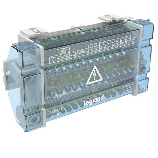 [400411] Modulaire verdeelklem 4P 160A - 15 aansluitingen met schroeven - 27kA - 10 modules