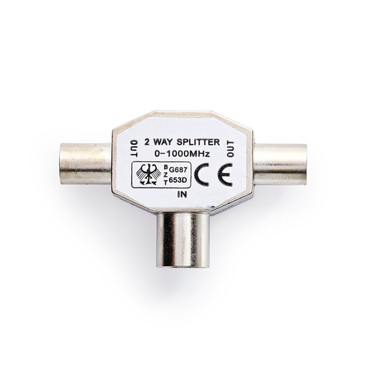 [CSGP40950ME] Satelliet- en Antenne-Adapter 2x coax male - coax female, vernikkeld  75 Ohm, T-Splitter, metaal  zilver