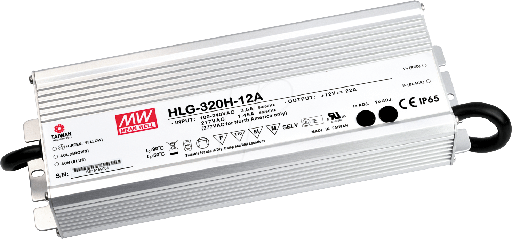 [HLG-320H-12] Mean Well AC-DC Single output LED driver Mix mode (CV+CC) with built-in PFC; Input 110/230 universal input 90-305V; Output 320W 12Vdc at 22A; IP67; Cable output